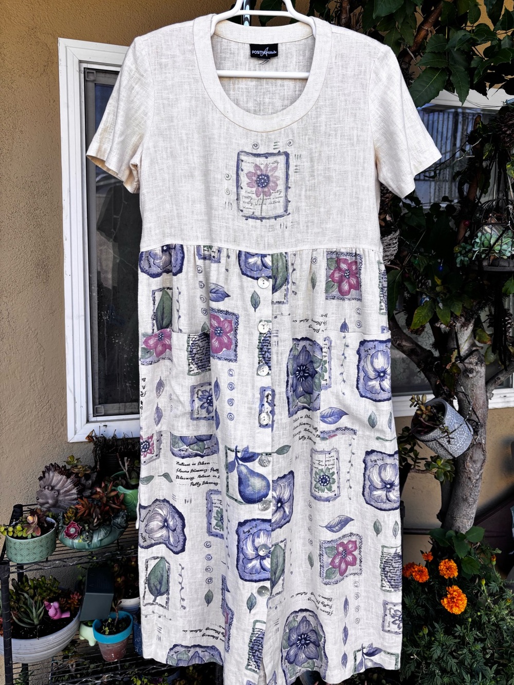 Vintage Gardencore 100% Linen Maxi Dress Button Front Size M